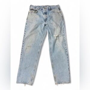 Vintage distressed Carhartt men's relaxed fit heavyweight blue denim jeans 36x32